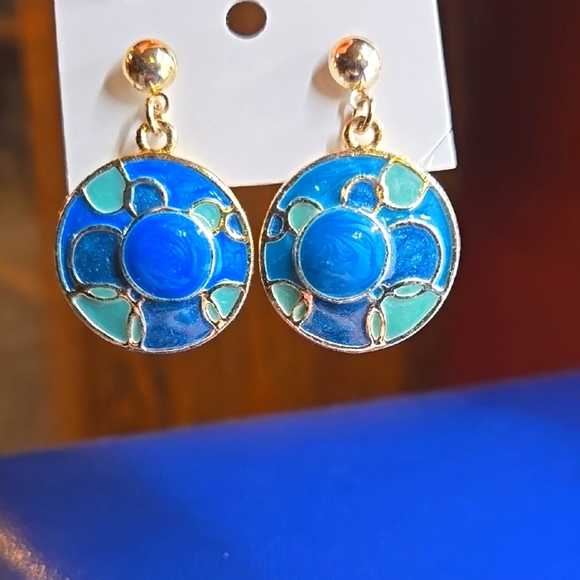 Elegant Blue and Gold Enamel  Earrings vintage style - Picture 5 of 14